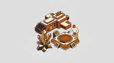 A person stands at a circular control panel next to a blocky orange spaceship and a cluster of crystals.