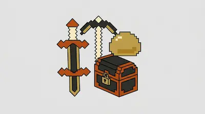 Pixelated sword, pickaxe, locked treasure chest, and gold coin.