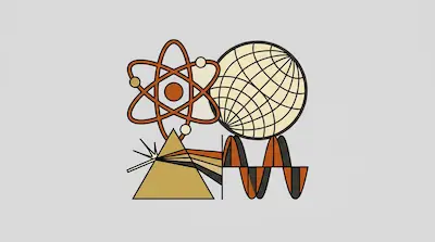 Flat illustration of an atom, a wireframe globe, a prism, and a sine wave in a retro orange and tan color palette.