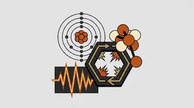 Flat illustration of an atom model, a molecular structure, and a frequency wave on a light grey background