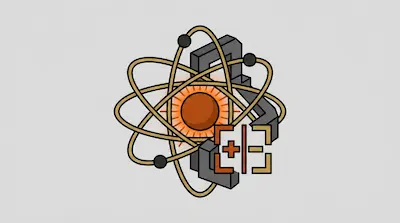 Flat illustration of an atom with a glowing orange nucleus, golden orbits, and a gray isometric structure behind it