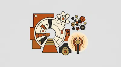 Flat illustration of a circular machine, an atom symbol, and geometric particles in orange and black on a gray background