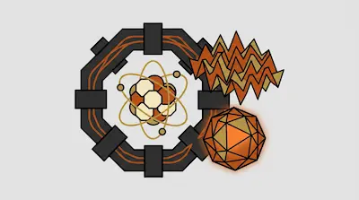 Flat illustration of an atomic nucleus inside a circular machine with a geometric sphere and jagged orange waves