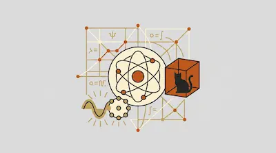 Flat illustration of quantum physics symbols including an atom, a cat in a box, and mathematical equations on gray.