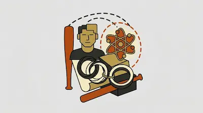 Flat illustration of a man surrounded by baseball bats, an atom symbol, and interlocking rings on a gray background
