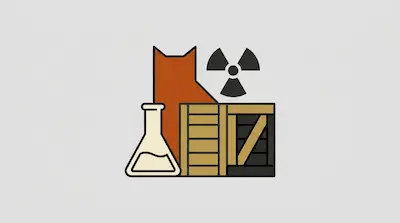 Flat illustration of a cat silhouette, a wooden crate, a science flask, and a radiation symbol on a gray background