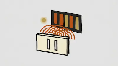 Flat illustration of a cream box with orange arches connecting to a dark rectangle on a light gray background