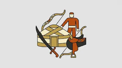 A person in orange stands behind a yurt, surrounded by a bow, a sword, and a horse saddle.