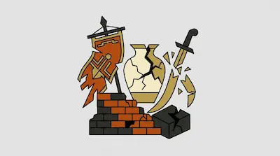 A tattered orange banner, a cracked tan vase, a broken sword, and a pile of orange and black bricks.