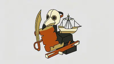 A stylized arrangement of a plague doctor mask, a curved sword, a tattered scroll, and a sailing ship.