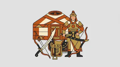 A warrior in traditional armor stands in front of a yurt, surrounded by a bow, arrows, a sword, and a saddle.