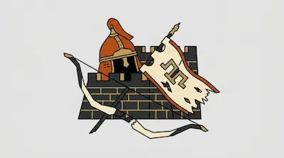An orange helmet and a tattered white flag with a gold symbol stand behind a dark brick wall, with a broken bow in the foreground.