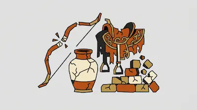 A broken bow, a cracked ceramic vase, a tattered saddle, and a pile of broken bricks.