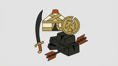 Stylized icons of a curved sword, a yurt, a cracked gold coin with a horse head, a broken arrow, and cracked black blocks.