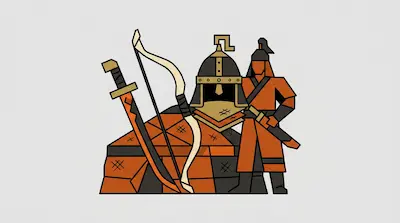 A warrior figure stands beside a helmet, a bow, and a sword in a stylized, geometric art style.