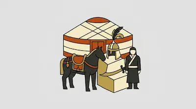 A yurt, a saddled horse, a feathered helmet, a curved sword, and a person in traditional dress.