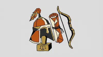 A stylized plumed helmet, a rolled scroll, a bow, and a small block with a symbol.