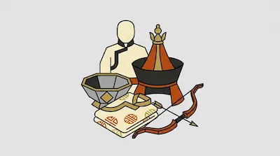 A faceless figure in a robe stands behind a pointed hat, a bowl, folded patterned fabric, and a bow and arrow.