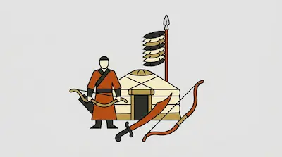 A person in an orange robe stands before a yurt, surrounded by a bow, a sword, and a spear with a banner.