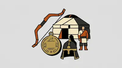 A collection of stylized icons featuring a recurve bow, a yurt, a person, a helmet, and a circular medallion.