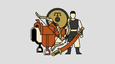 A stylized figure stands beside a collection of equipment including a saddle, a bow, a shield, and a curved sword.