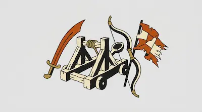 A wooden catapult on wheels flanked by a curved sword, a bow, and a tattered flag.