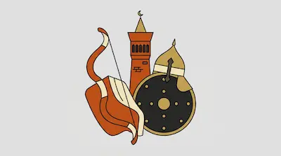 A bow, quiver, tower with a crescent moon, round shield, and helmet are grouped together.