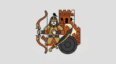 A stylized warrior holding a bow stands in front of a brick tower with a sword and shield.