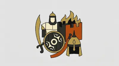 Stylized icons of a warrior, a burning castle tower, a round shield, helmets, and curved swords.