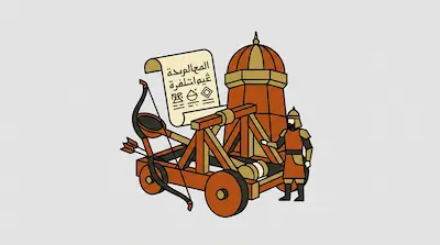 A wooden catapult on wheels stands next to a soldier in armor, a large scroll with text, and a domed tower.