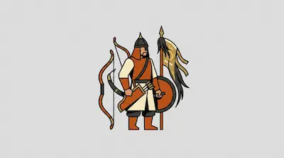 A stylized warrior stands with a bow, a quiver of arrows, a shield, and a banner.