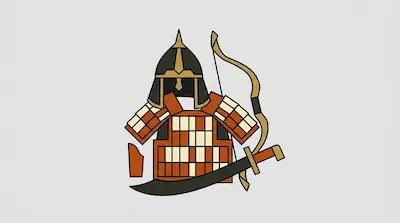 A pointed helmet, orange and white lamellar armor, a recurve bow, and a curved sword.