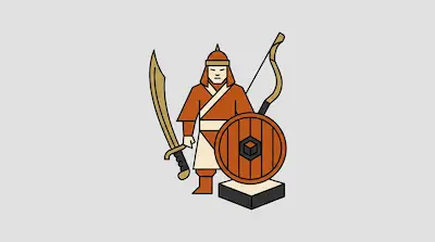 A stylized warrior in an orange tunic and pointed helmet holding a curved sword, standing behind a round shield with a bow.