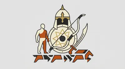 A stylized human figure stands beside a helmet, shield, bow, and curved sword above geometric symbols.