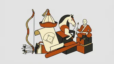 A collection of stylized items including a bow and arrows, a traditional hat, a horse bust, a baseball bat, and a person sitting cross-legged.