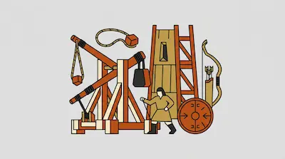 A person stands among medieval siege equipment, including a trebuchet, a siege tower, a shield, and a bow.