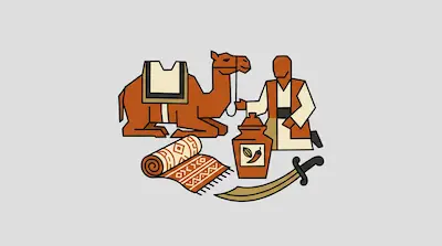 A person kneels next to a sitting camel, a rolled rug, a jar with a chili pepper icon, and a curved sword.