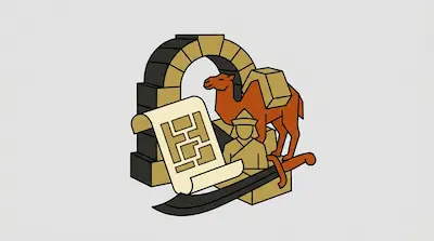 A stylized graphic featuring a stone arch, a camel, a map scroll, a small human figure, and a curved sword.