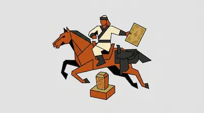 A stylized person rides a galloping brown horse while holding a card with a lightning bolt symbol.