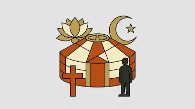 A yurt is surrounded by a lotus flower, a crescent moon and star, a cross, and a silhouette of a person.