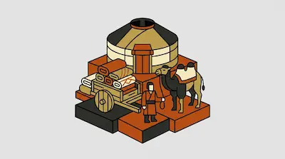 A person stands with a camel and a cart full of textiles in front of a yurt.