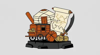 A yurt, a wooden wagon, an unrolled map scroll, and a sword are grouped together on a dark platform.