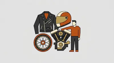 A collection of motorcycle-related items including a leather jacket, a helmet, a wheel, an engine, and a person.