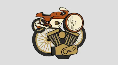 A graphic collage of motorcycle elements including a small orange bike, a large round headlight, a spoked wheel, and a V-twin engine.