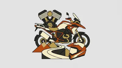 A stylized adventure motorcycle with a large V-twin engine, a winding road, and a helmet in shades of orange and tan.