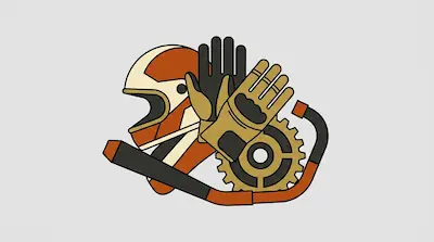 A stylized graphic of an orange and cream motorcycle helmet, two gloves, a gold gear, and a curved pipe.