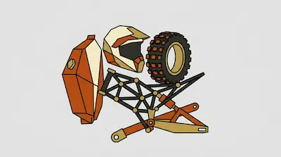 A stylized, low-poly graphic of motorcycle parts including a helmet, knobby tire, fuel tank, and frame.
