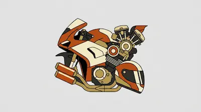 A stylized graphic of a motorcycle fairing, engine components, and a helmet in orange, cream, and tan.