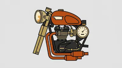 A stylized motorcycle assembly with an orange fuel tank, black engine, and tan front fork.