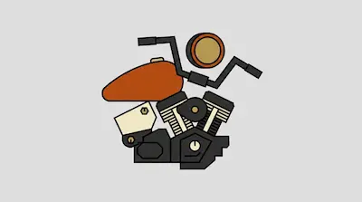 A minimalist graphic of a motorcycle's V-twin engine, orange fuel tank, and black handlebars.